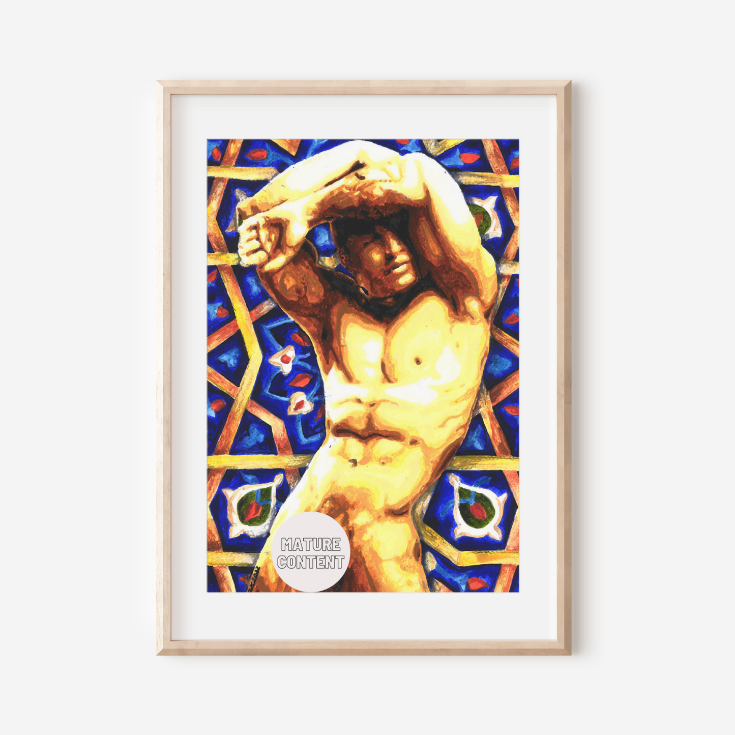 Framed artwork of a muscular figure with a colorful geometric pattern on a white wall.