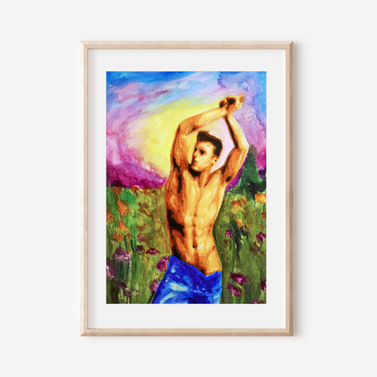 Framed artwork of a shirtless man in a field with a colorful sky.