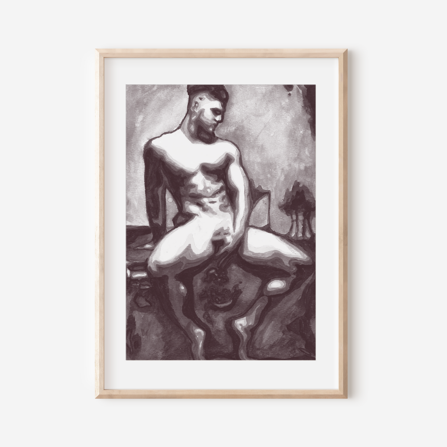 Framed black and white artwork of a nude figure on a white wall