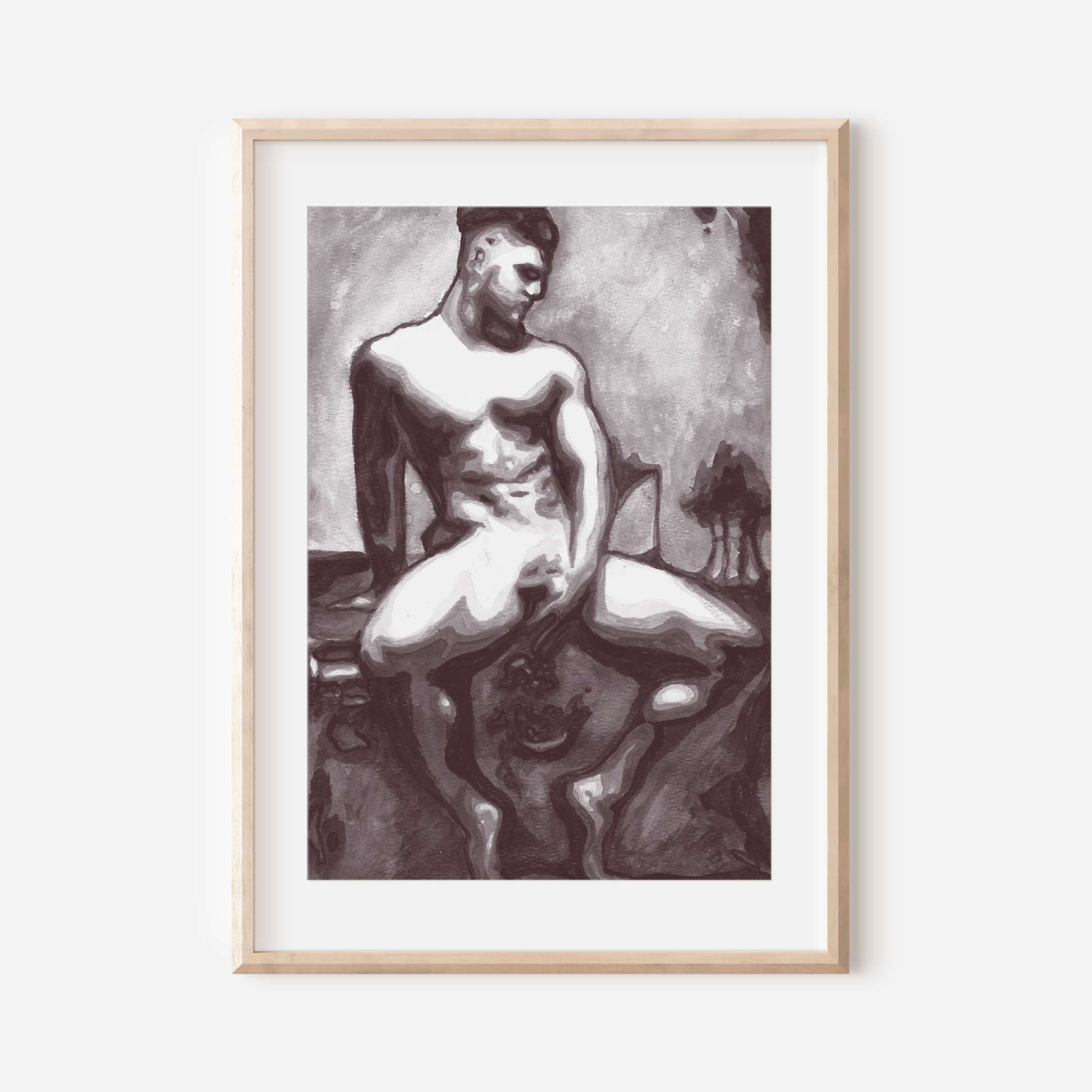 Framed black and white artwork of a nude figure on a white wall
