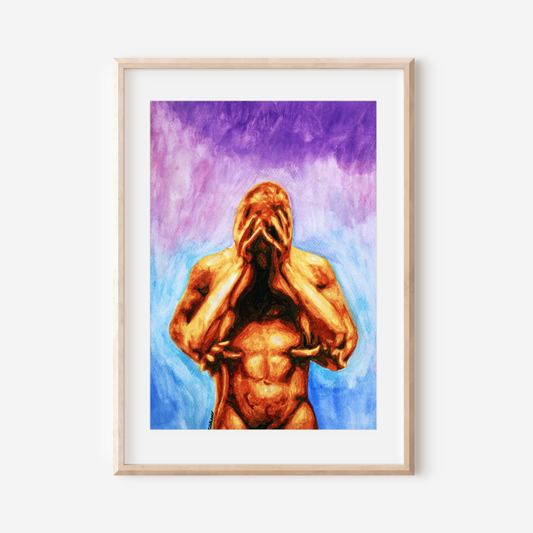 Watercolor of a muscular nude man holding his head in distress while another man gently hugs him from behind, with a blue and purple background.