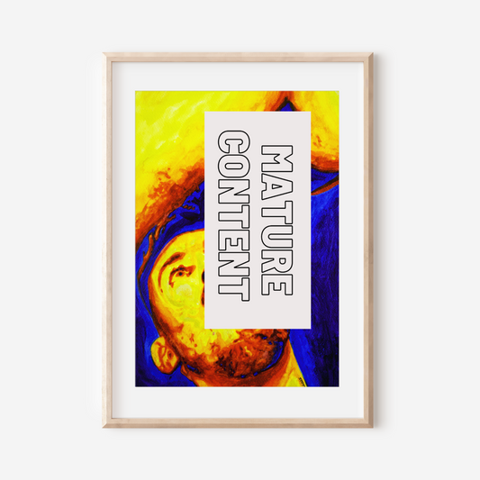 Framed artwork with 'Mature Content' label on a colorful abstract background