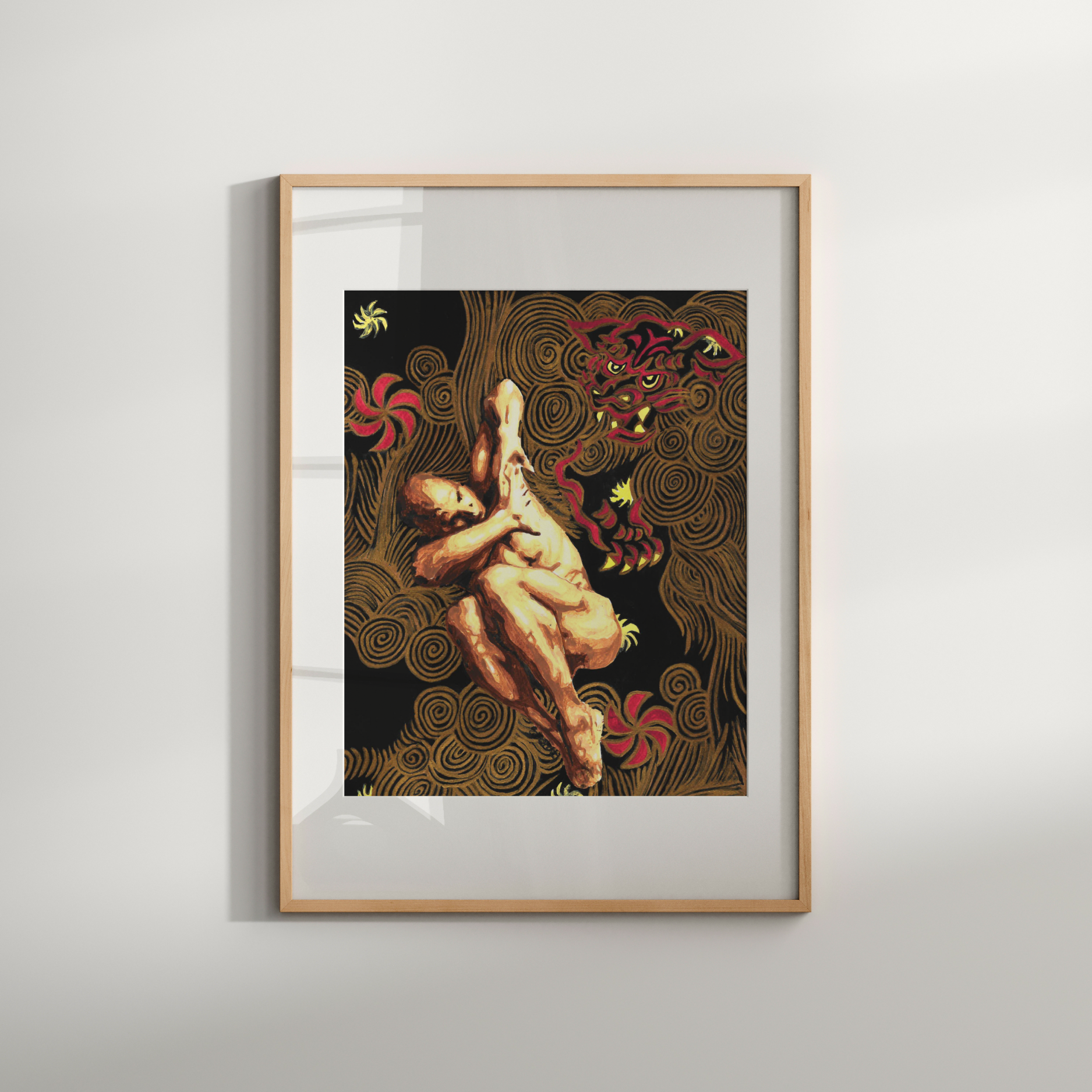 Framed artwork with a nude figure and abstract patterns on a white wall