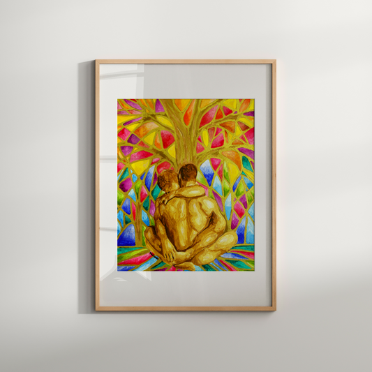 Framed artwork of two people embracing under a colorful tree on a white wall.