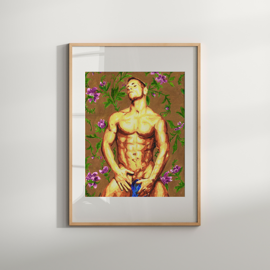 Framed artwork of a shirtless man with flowers on a plain wall