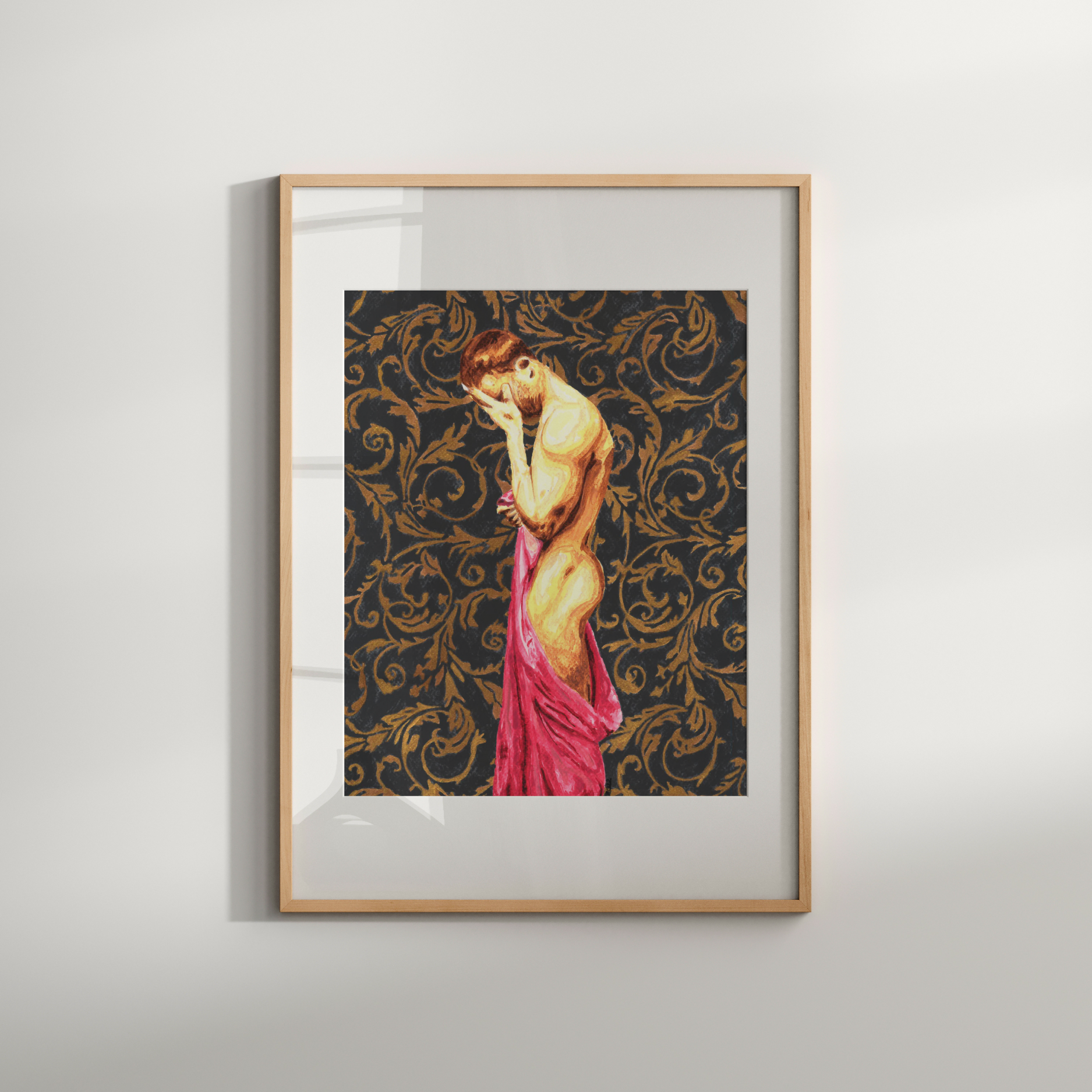 Framed artwork of a woman in a pink dress on a decorative background