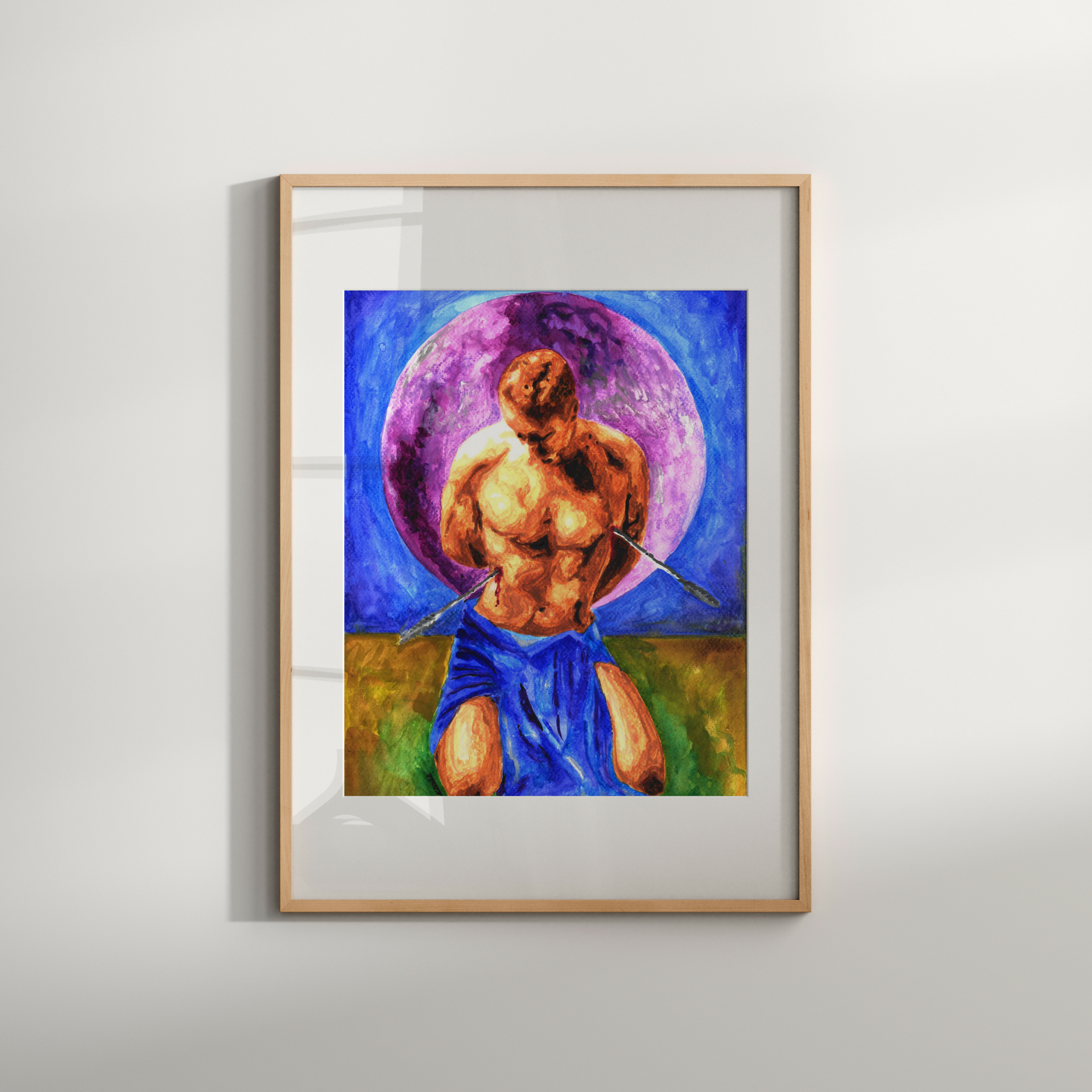 Framed artwork of a muscular figure with a sword against a colorful background on a white wall.