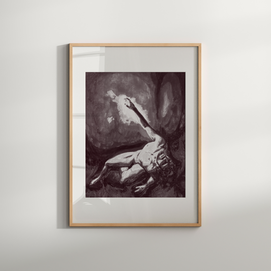 Framed artwork of a nude figure on a plain wall