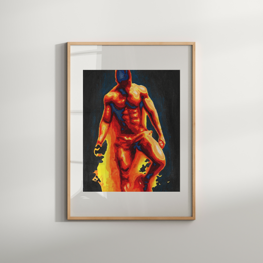 Framed artwork of a nude figure on a plain wall
