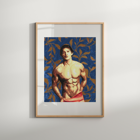 Framed artwork of a shirtless man with a blue background on a white wall