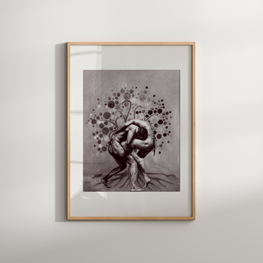 Framed artwork of a stylized figure with abstract elements on a white wall.