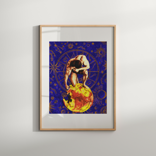 Framed artwork of a couple on a moonlit night with astrological symbols on a blue background.