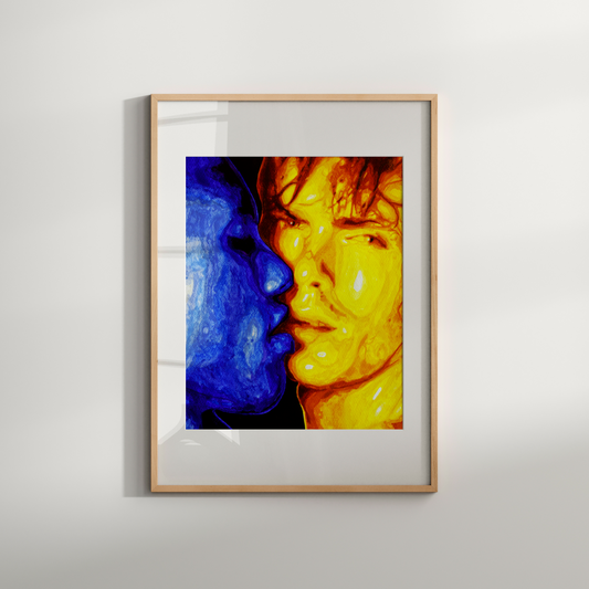 Framed artwork with a colorful abstract design on a white wall