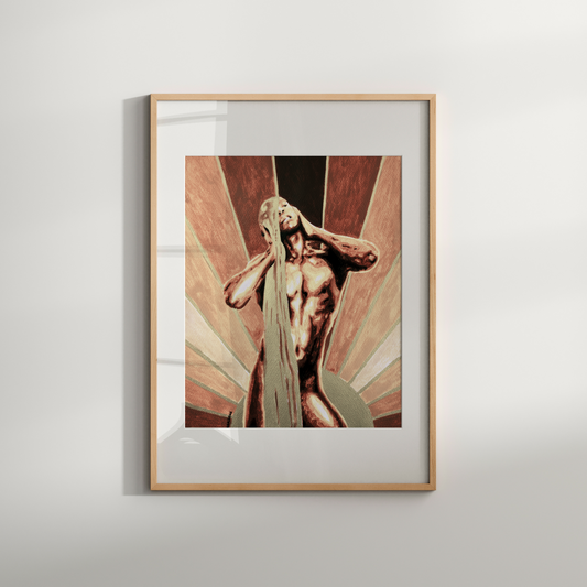 Framed artwork of a nude figure with a draped cloth against a neutral background