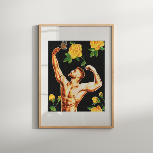 Framed artwork of a muscular figure with yellow flowers on a white wall