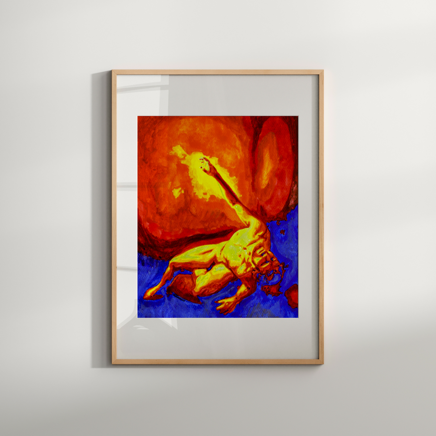 Framed artwork of a lion on a white wall