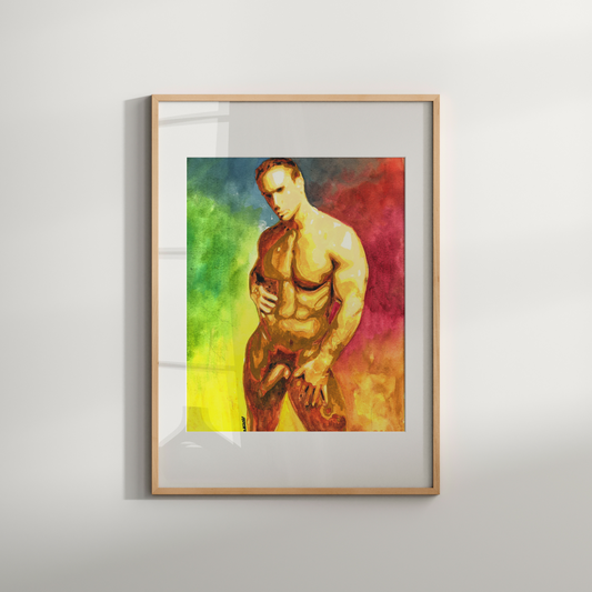 Framed artwork of a shirtless man against a colorful background on a white wall