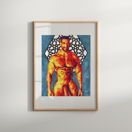 Framed artwork of a muscular figure on a geometric blue background