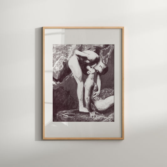 Framed artwork of a classical scene on a white wall