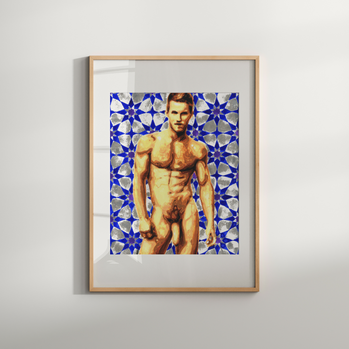 Framed artwork of a shirtless man against a blue and white patterned background on a gray wall.