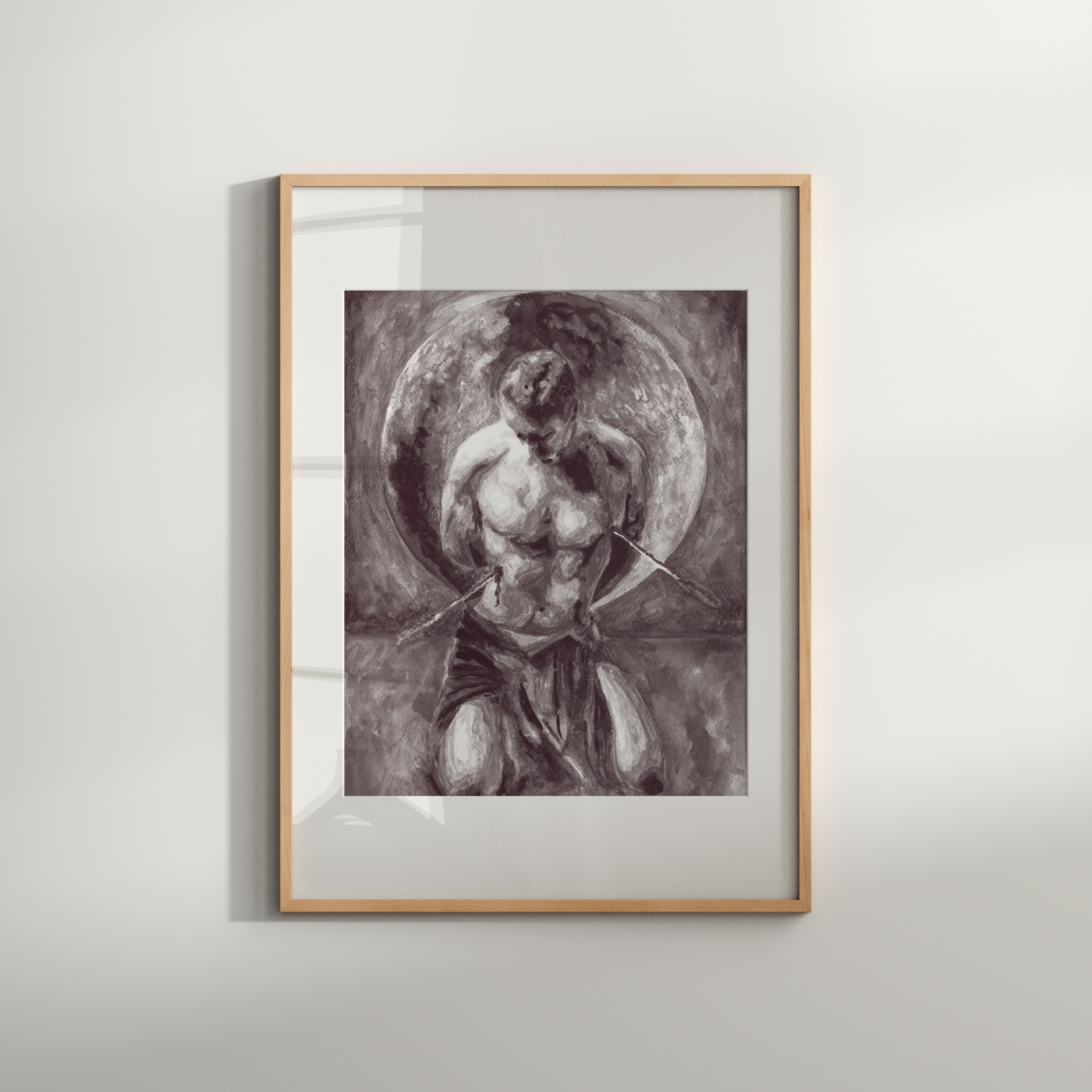 Framed artwork of a classical figure with a moon-like background on a white wall