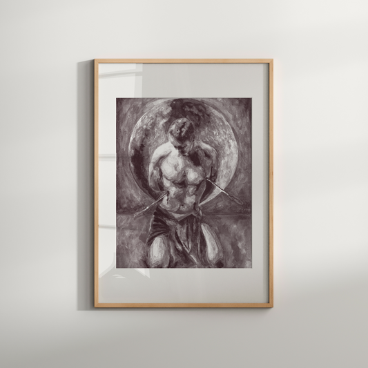 Framed artwork of a classical figure with a moon-like background on a white wall