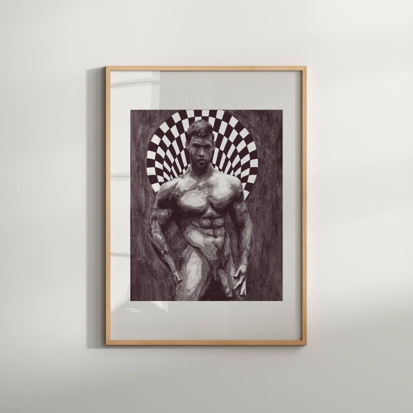 Framed artwork of a muscular figure with a checkered circle on a light gray wall