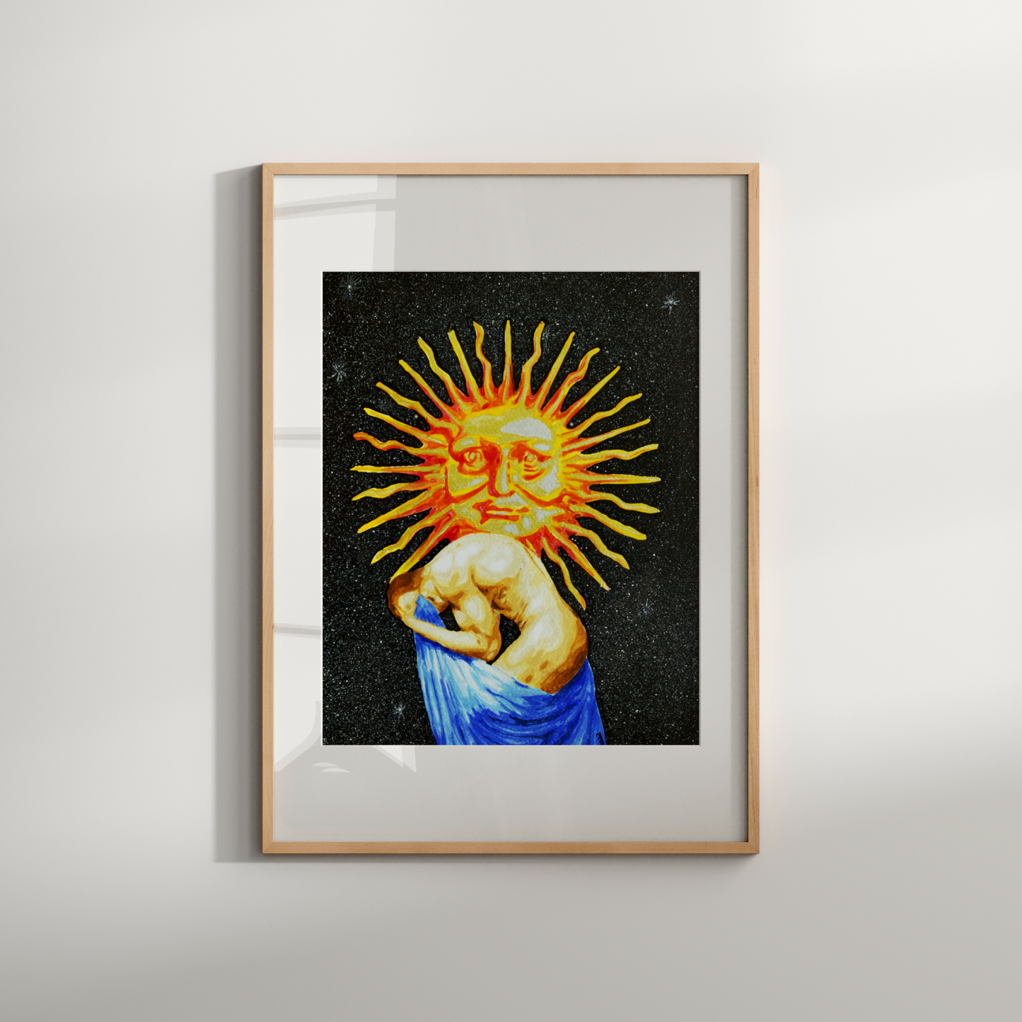 Framed artwork of a sun with a face on a black background, displayed on a white wall.