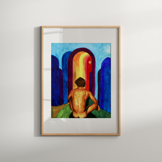 Watercolor painting of a nude man seen from behind, looking at a rainbow in a blue sky. Queer art by Zak Pop Art.