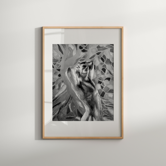 Framed black and white artwork of a woman with her hands over her ears on a light gray wall.