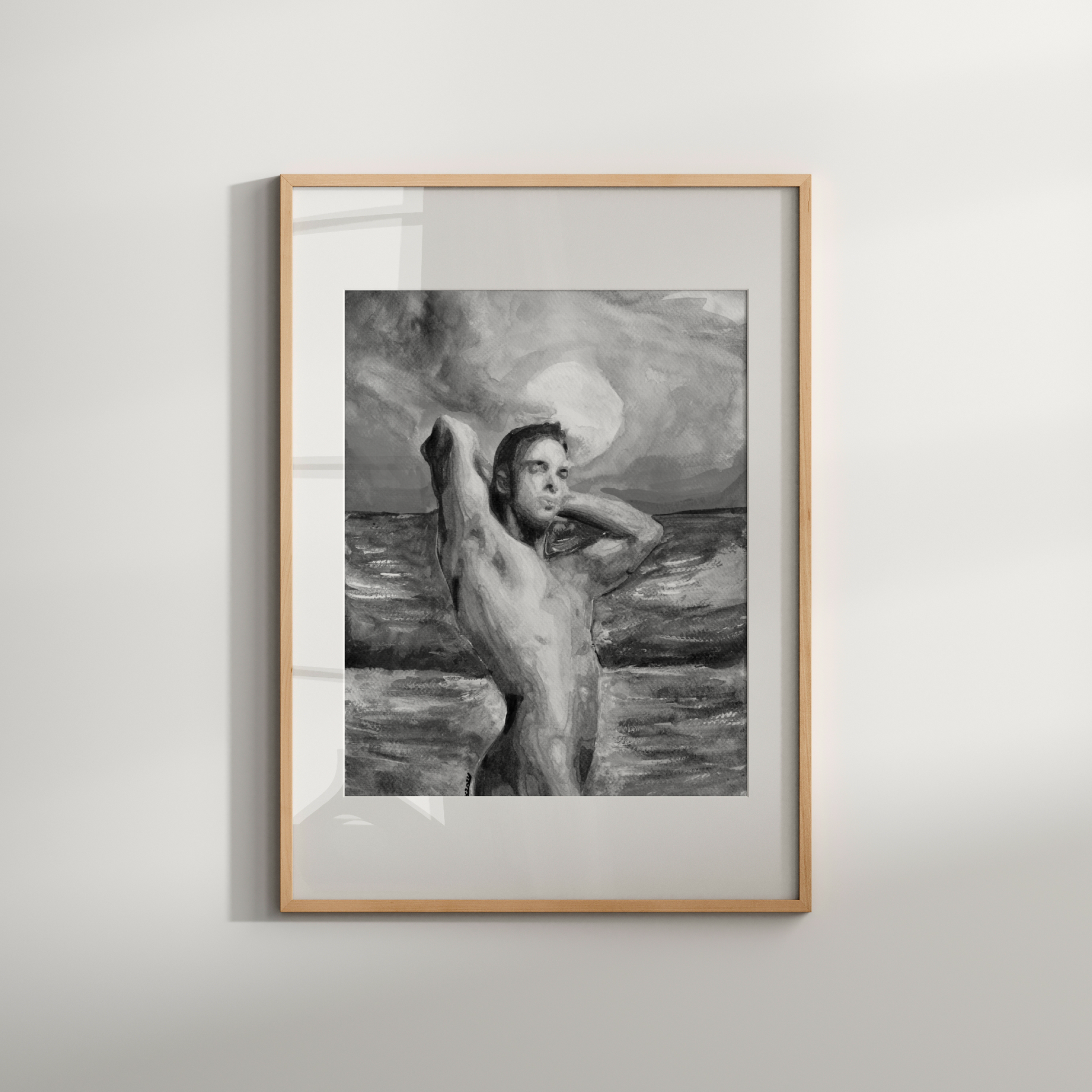Black and white watercolor painting of a muscular nude man standing by the ocean, flexing his arms behind his head. The silhouette contrasts with a softly textured sky and sea, conveying queer strength, calm, and confidence.