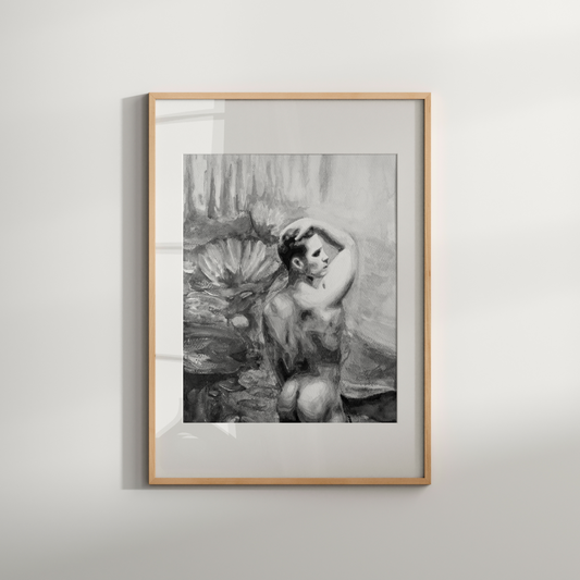 Gay Nude Male at Lily Pond Black & White Art 