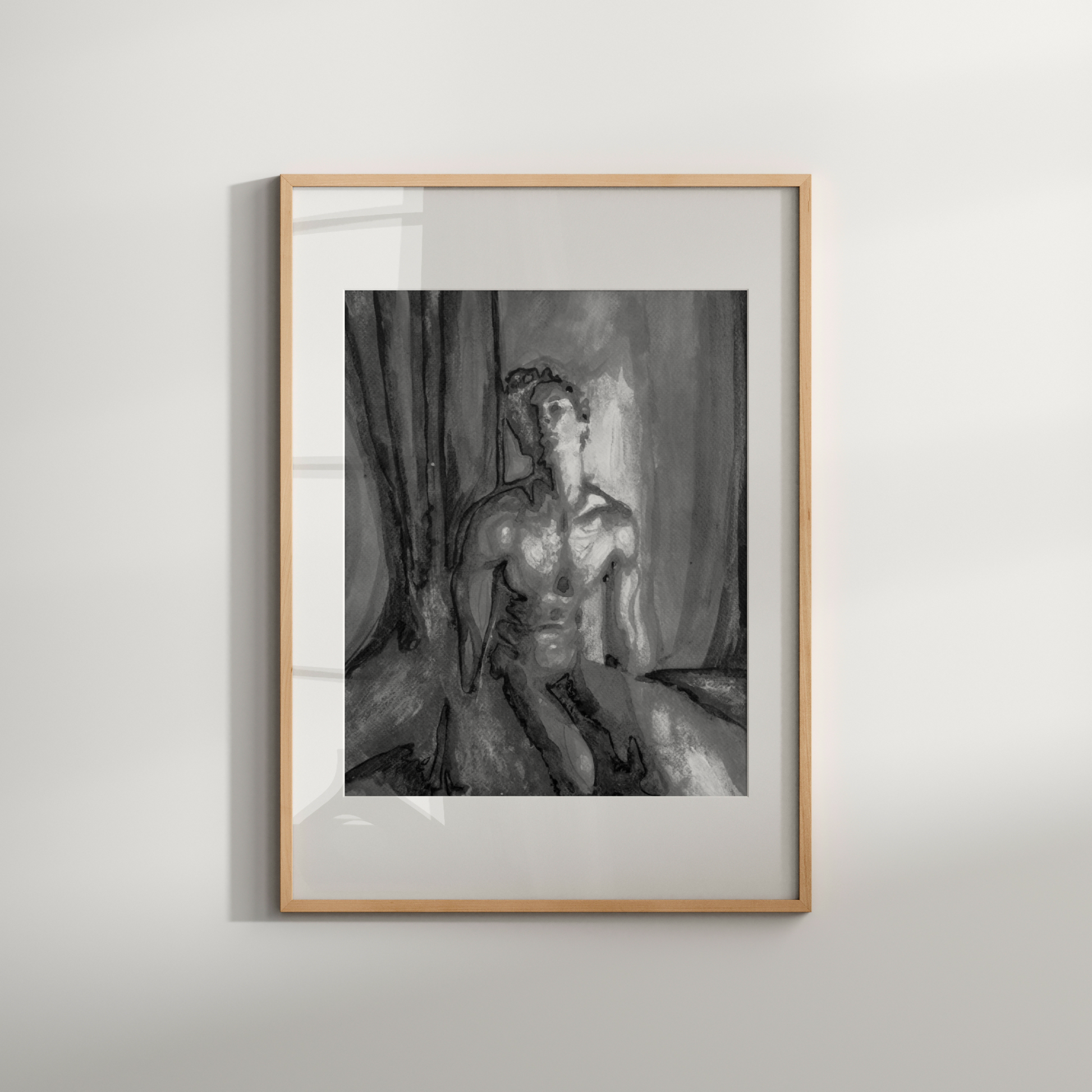 Black and white watercolor painting of a beautiful nude man kneeling, rendered with elegant contrasts and delicate shading, expressing queer grace and strength. Original Zak Pop Art.