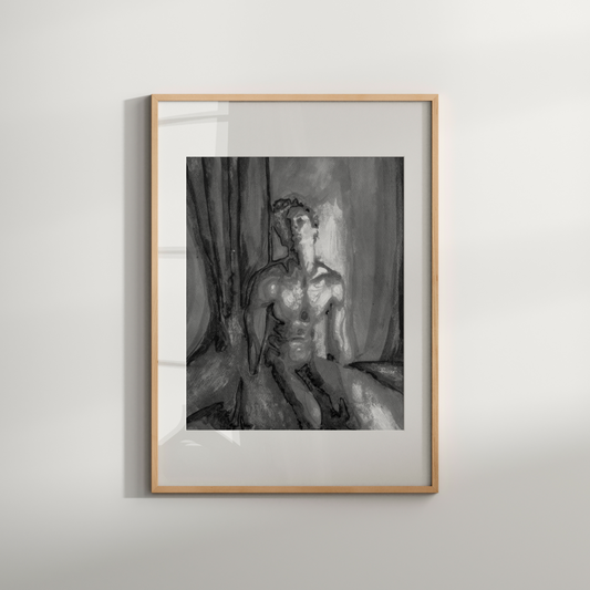 Black and white watercolor painting of a beautiful nude man kneeling, rendered with elegant contrasts and delicate shading, expressing queer grace and strength. Original Zak Pop Art.