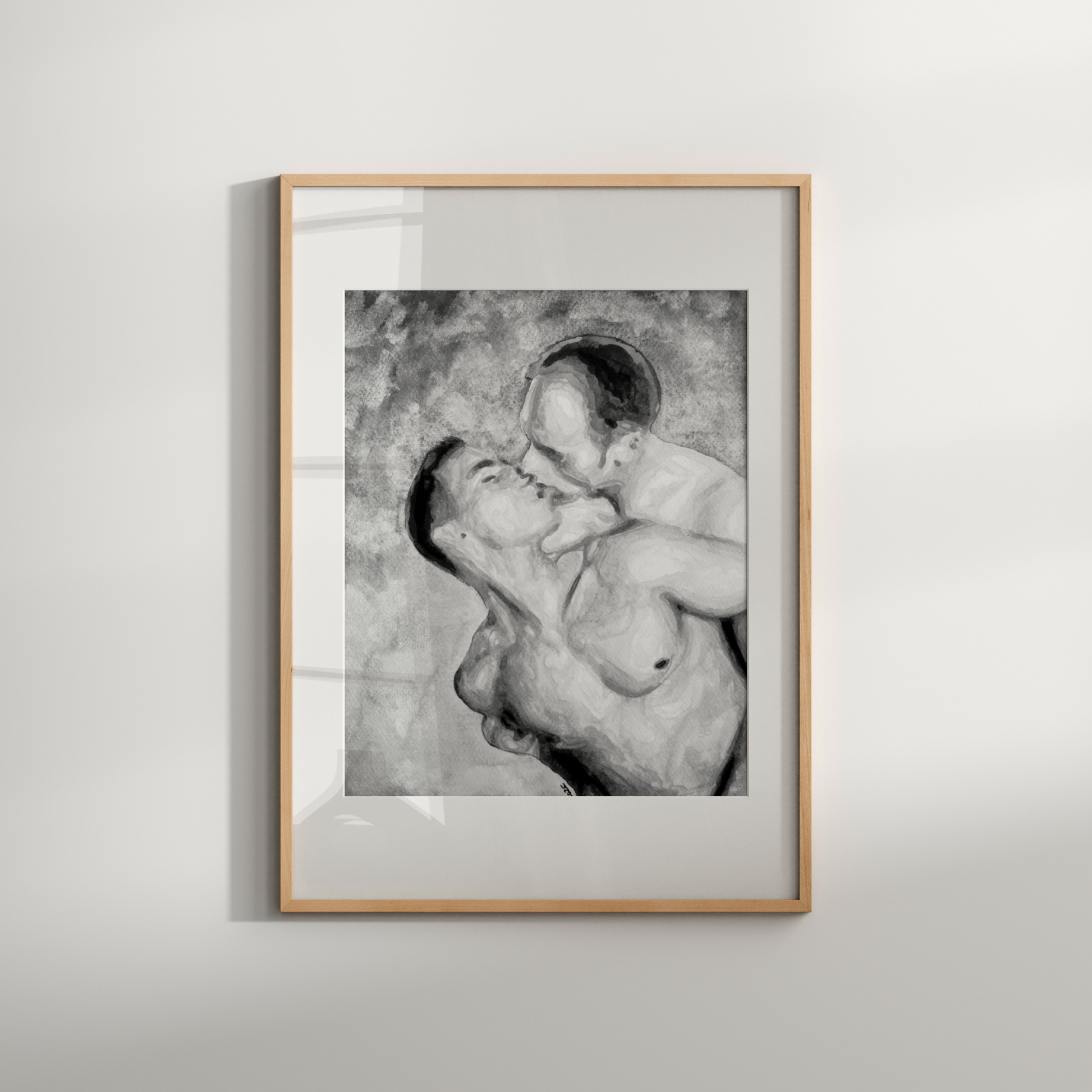 Black and white watercolor print of two shirtless men embracing under a vast grey sky. LGBTQ+ love art by Zak Pop Art.
