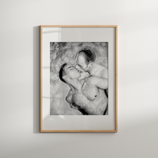 Black and white watercolor print of two shirtless men embracing under a vast grey sky. LGBTQ+ love art by Zak Pop Art.
