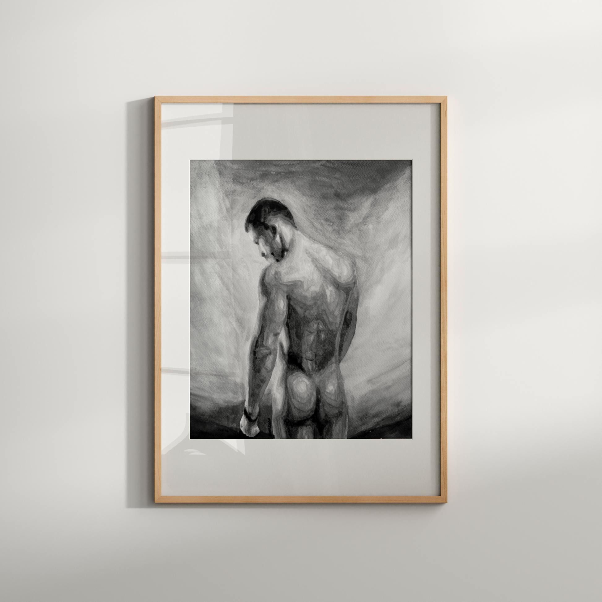 Black and white watercolor painting of a proud nude man with a defined body, facing the sky, symbolizing queer strength, liberation, and timeless beauty. Original Zak Pop Art.