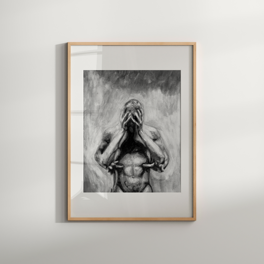 Black and white watercolor of a muscular man holding his head in distress, embraced gently by another man from behind.