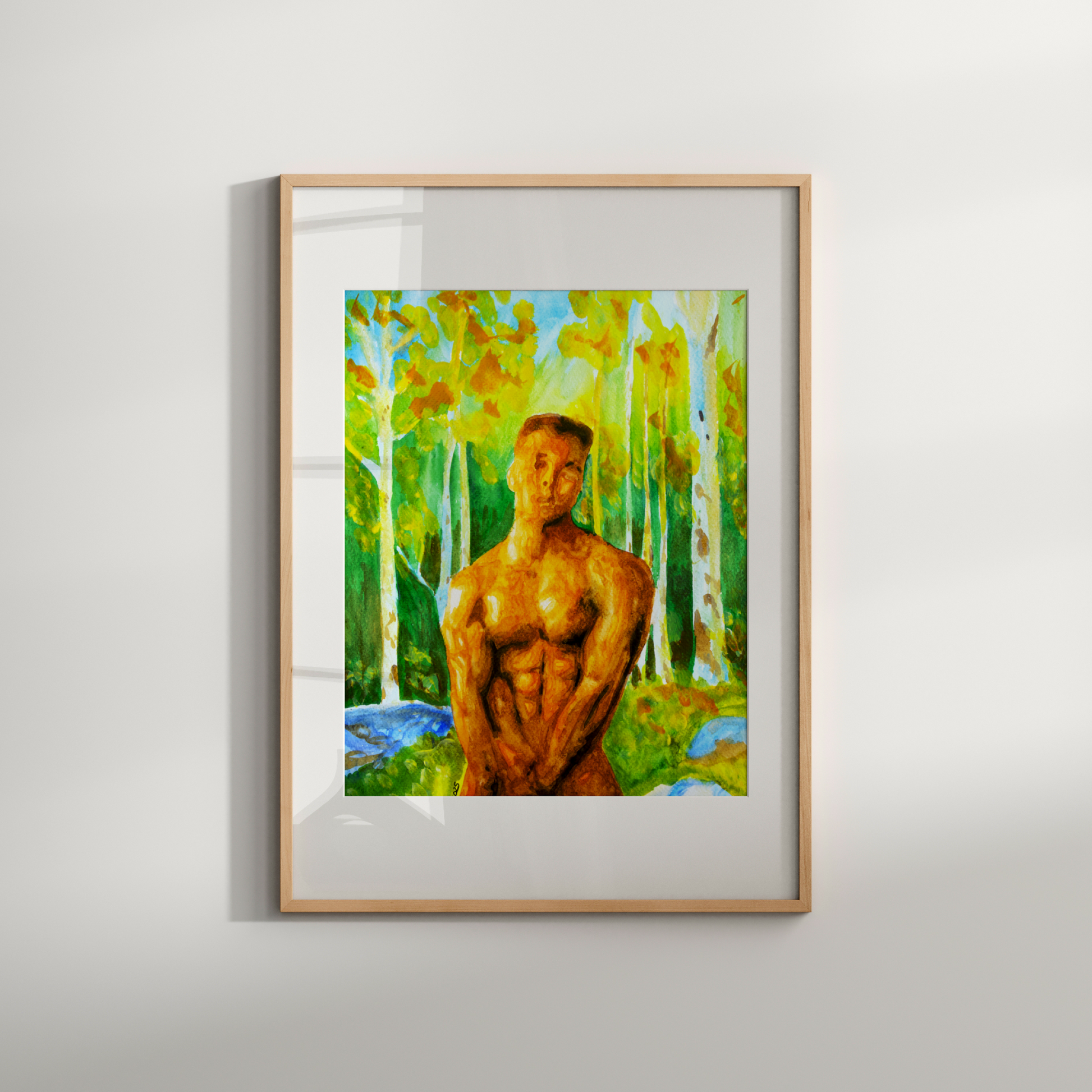 Watercolor painting of a muscular nude male in a misty forest, covering his groin with his hands, looking directly at the viewer. Expressive LGBTQ+ art by Zak Pop Art.