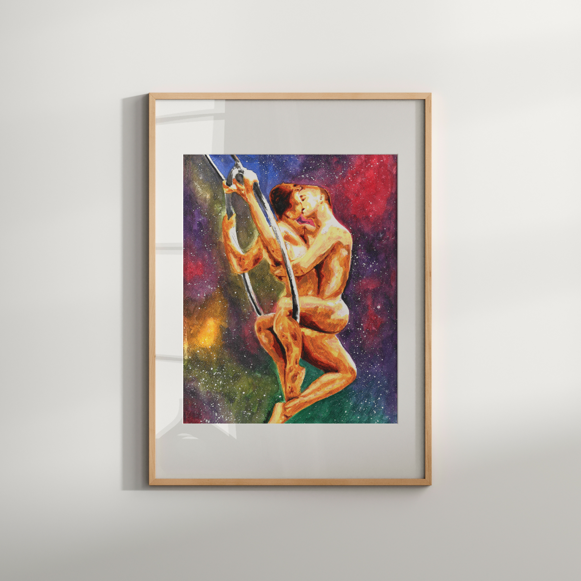 Framed artwork of a nude figure with a sword on a colorful background, displayed on a white wall.