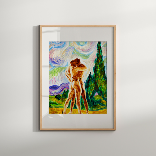 Framed artwork of a nude figure in a natural setting on a white wall