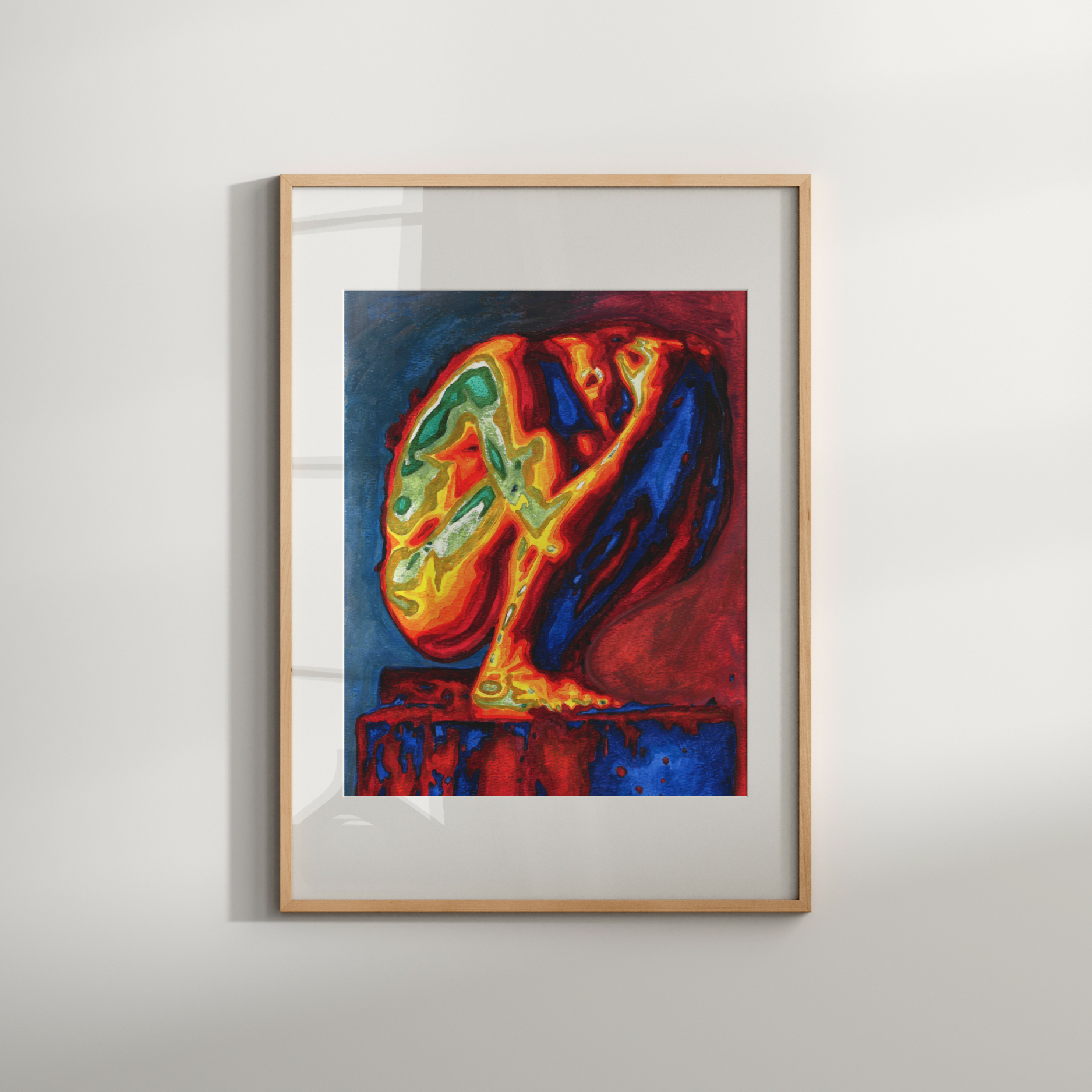 Framed abstract painting with vibrant colors on a white wall