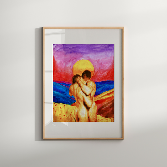 Watercolor painting of two nude men embracing as one, with a large orange-yellow sun setting behind them and soft blue hills in the distance, symbolizing queer unity and emotional peace. Original Zak Pop Art.