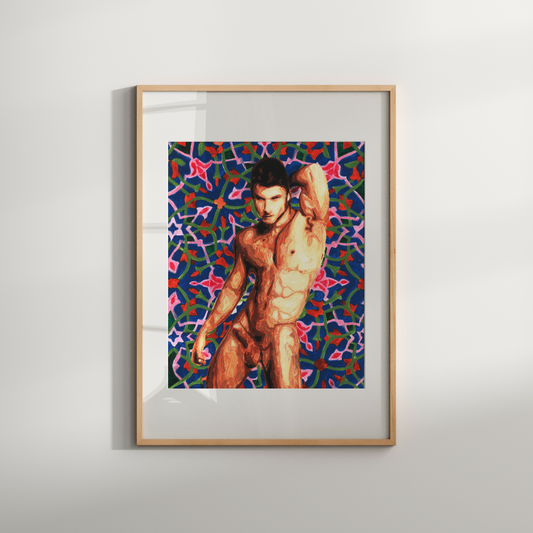 Framed artwork of a shirtless man against a colorful abstract background on a white wall.