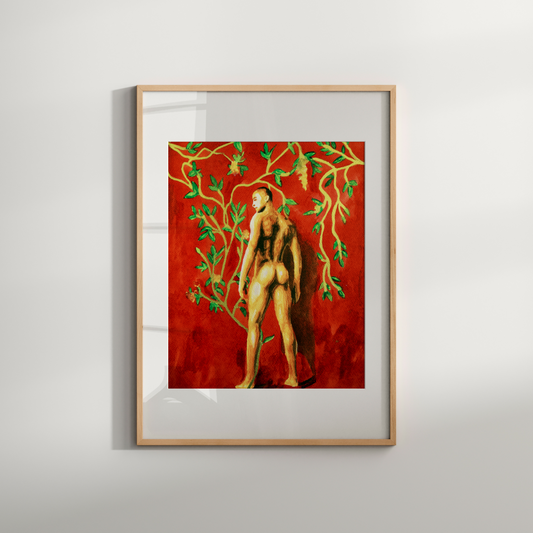 Framed artwork of a nude figure with vines on a red background