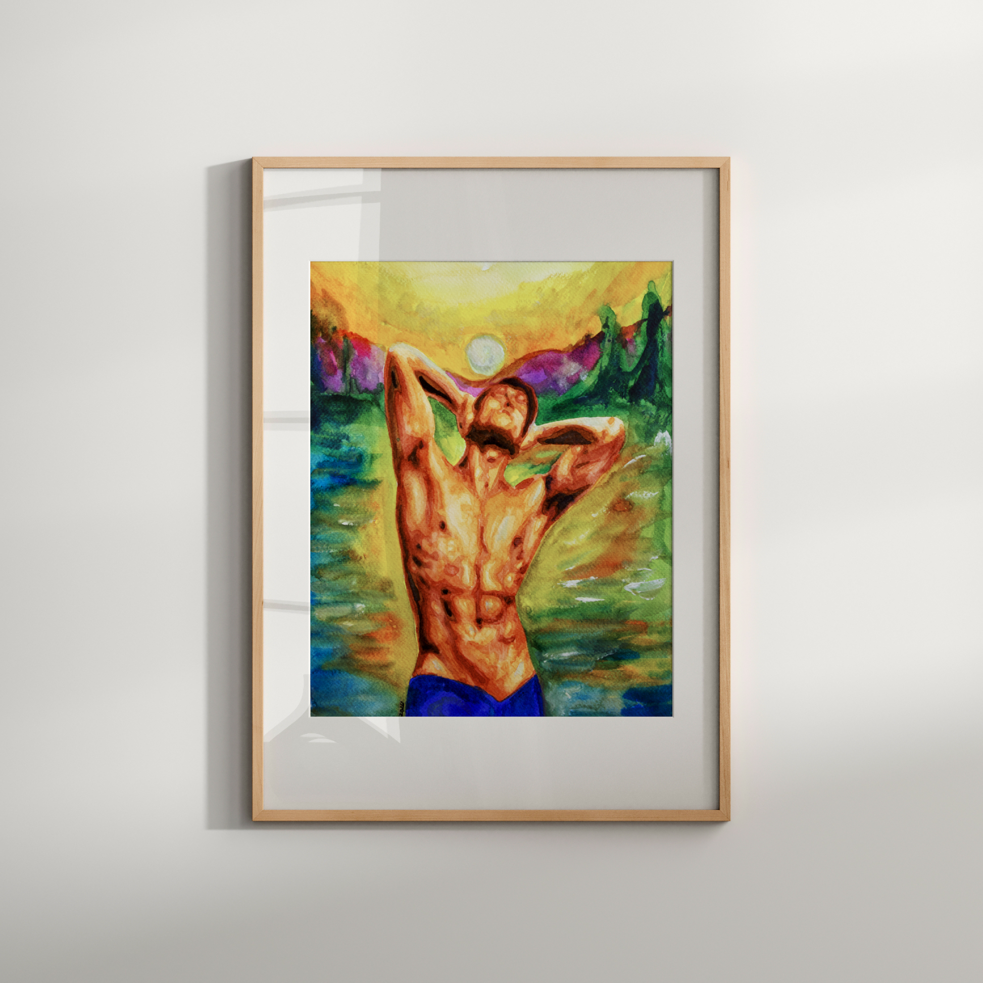 Framed painting of a shirtless man against a colorful landscape on a white wall.