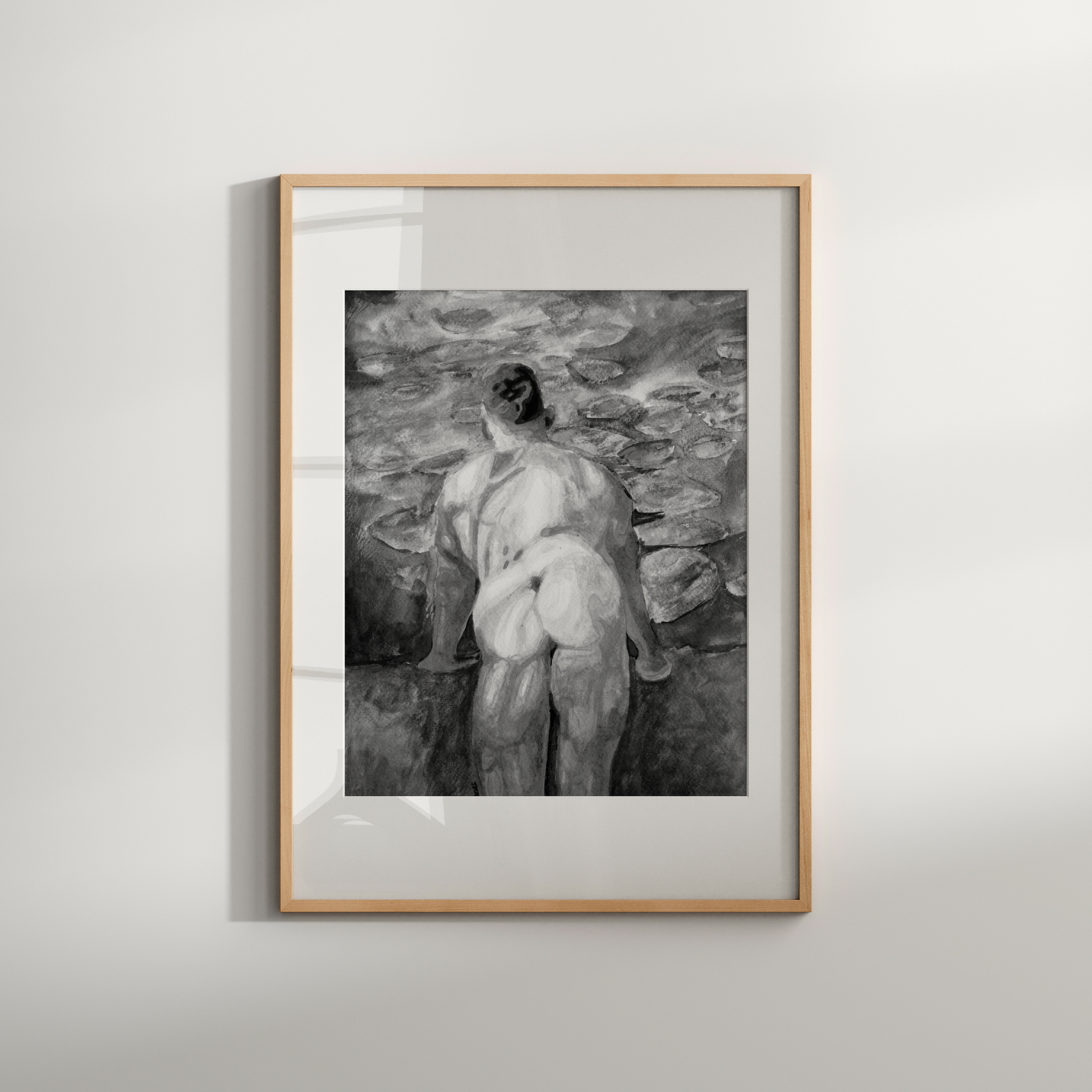 Black & White Watercolor – Muscular Nude Male with Impressionist Swamp