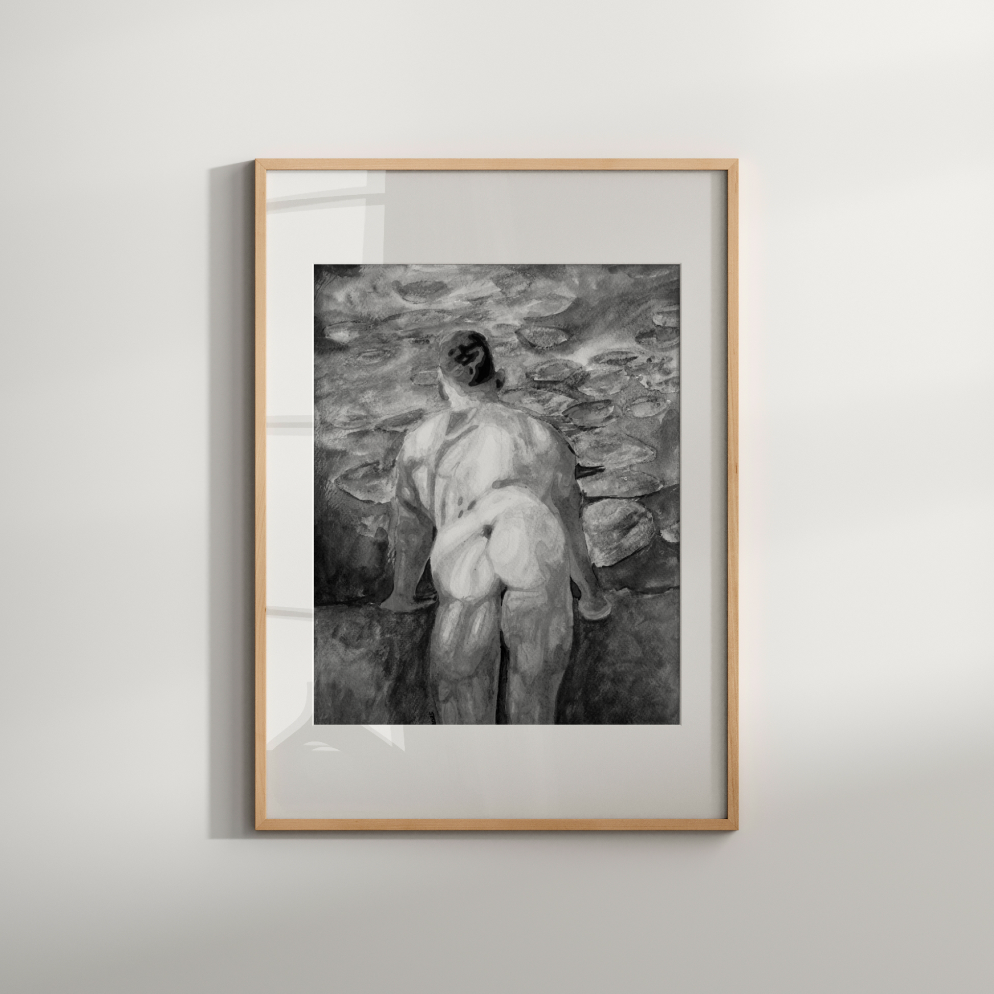 Black & White Watercolor – Muscular Nude Male with Impressionist Swamp