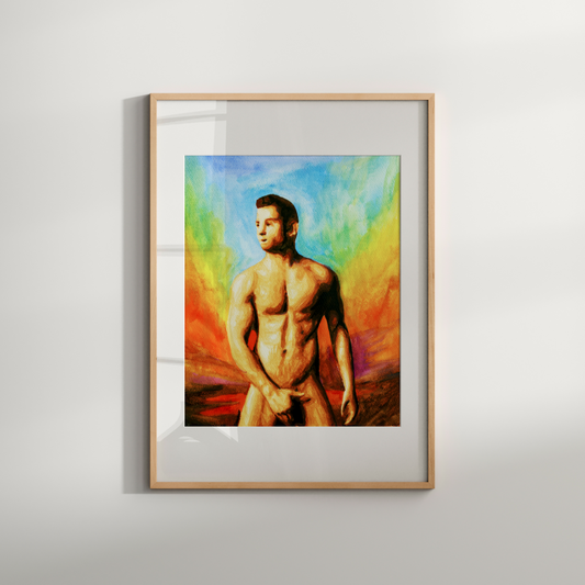 Watercolor painting of a muscular nude man with hands modestly covering himself, standing under a rainbow sky, symbolizing pride, strength, and vulnerability. Original Zak Pop Art.