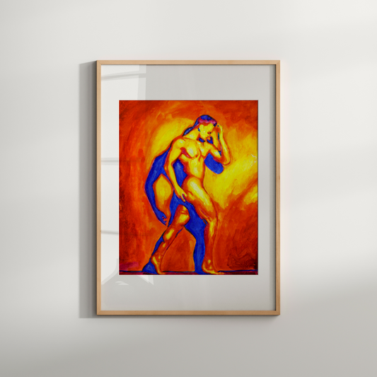 Framed artwork of a nude figure on an orange background